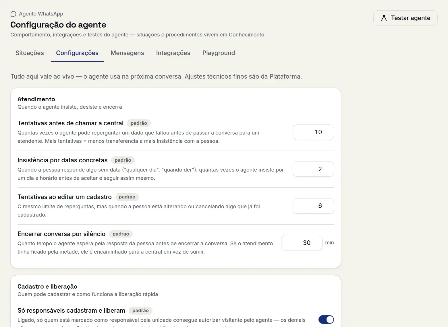 Configuração do agente no CentralCom Core: tentativas antes de chamar a central, cadastro e liberação